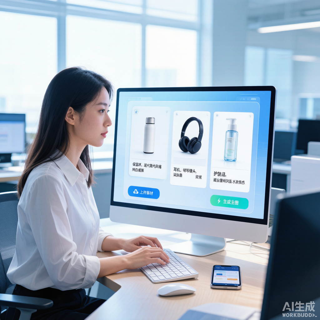 电商运营者坐在电脑前用AI工具生成商品主图，屏幕显示多个商品图
