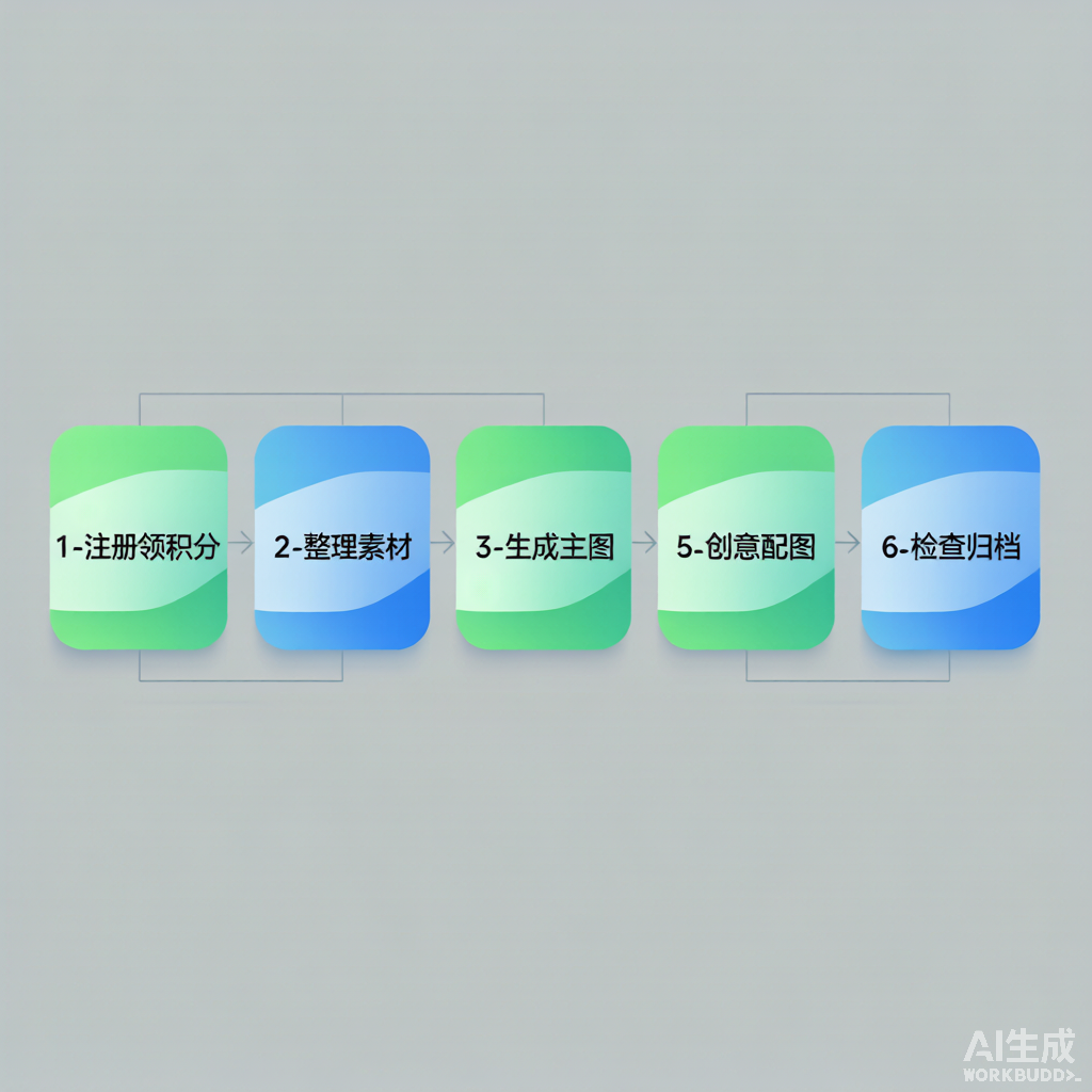 电商图片素材工作流示意图：需求梳理-来源匹配-版权核对-加工处理-分类入库-使用归档