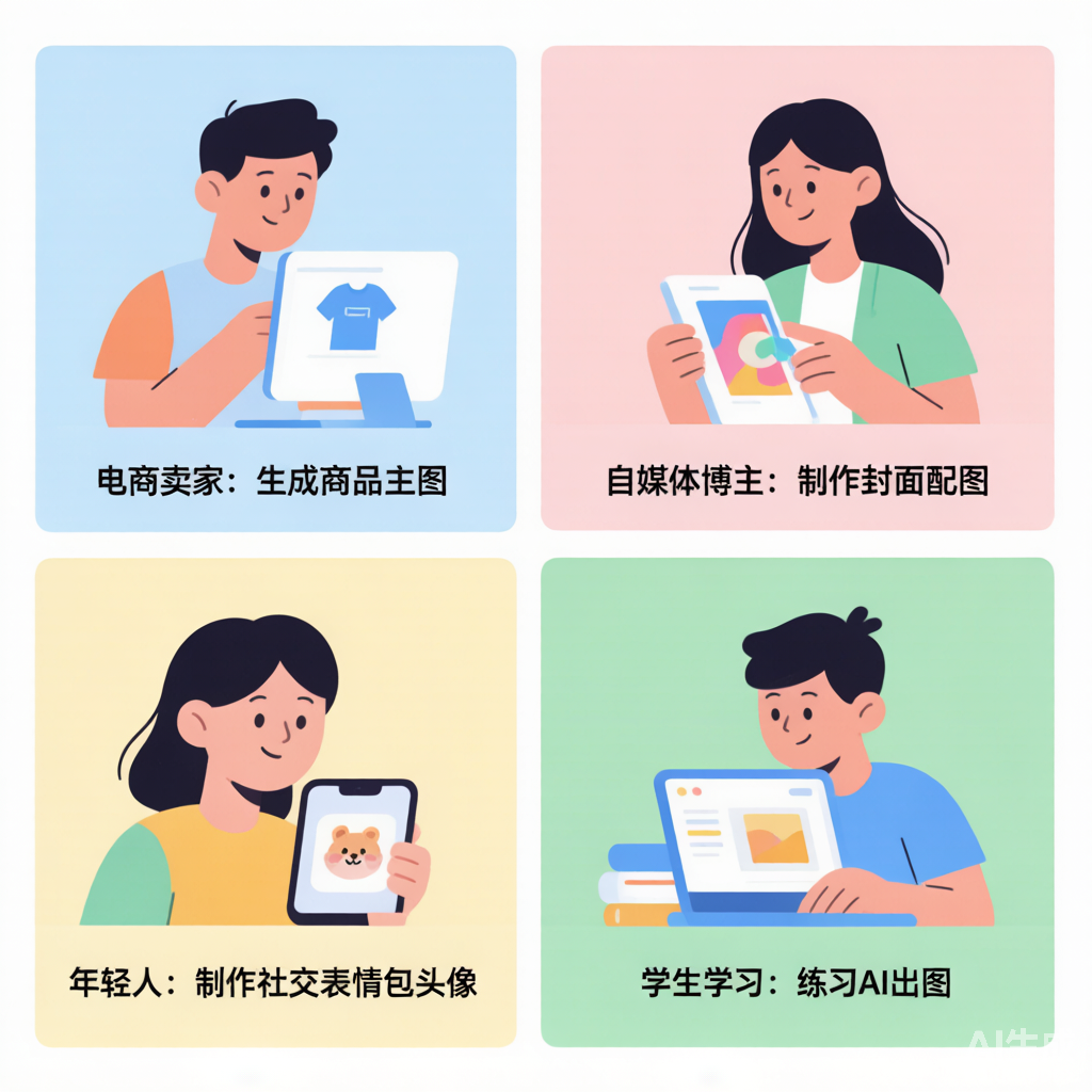 免费AI出图应用场景图：电商上新、活动素材、内容配图、测试对比