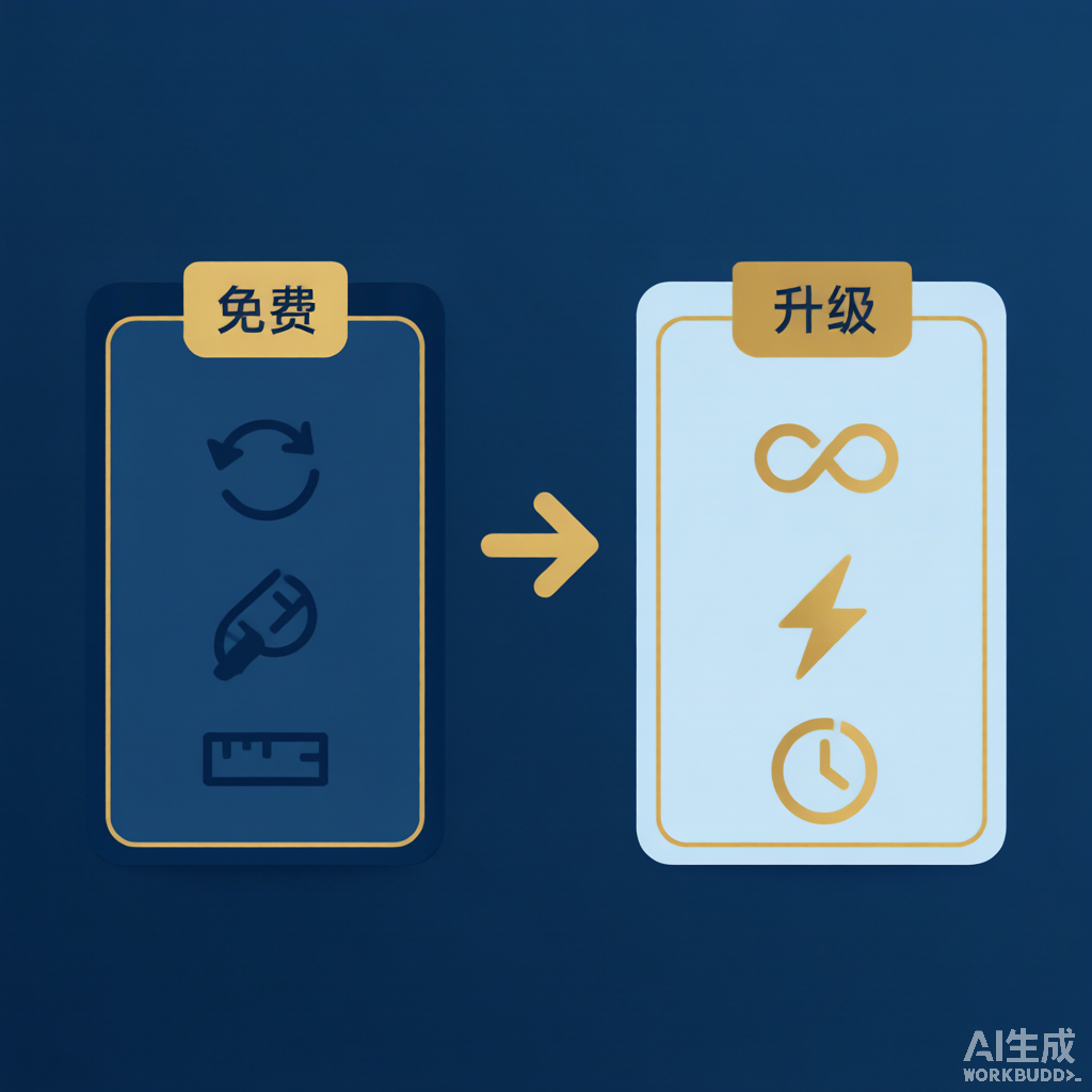 免费版与付费版对比图，左侧免费版列出限制，右侧付费版功能完整