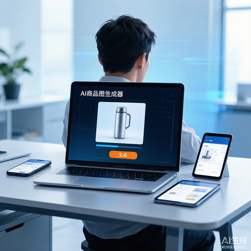 电商运营者使用批量处理工具一次处理多张商品图，屏幕显示批量任务列表
