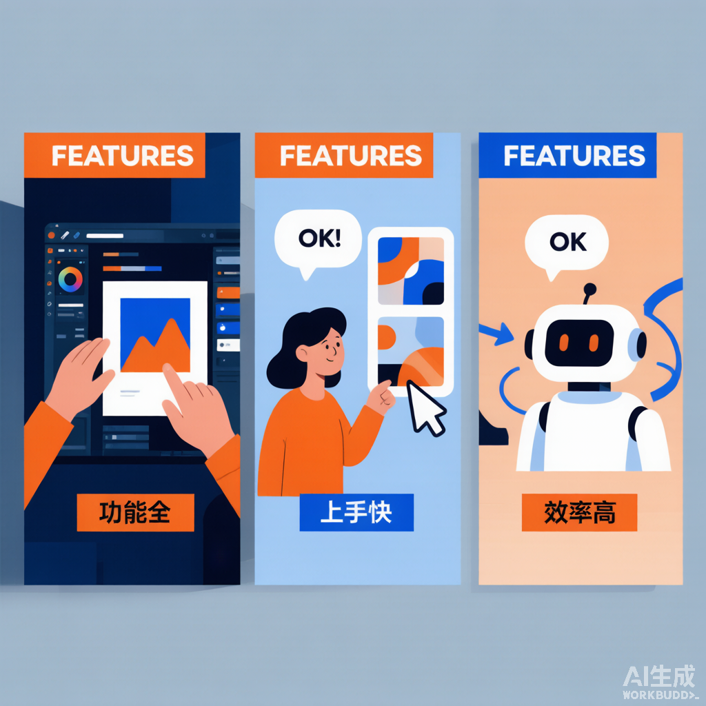 Photoshop、在线设计平台、AI出图软件三款主流工具的对比信息图