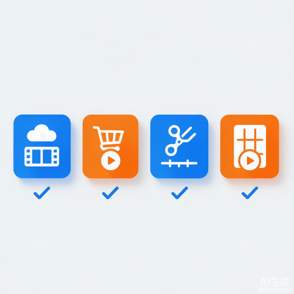 AI视频免费生成工具四类工具对比图：通用平台、电商工具、剪辑软件、模板工具