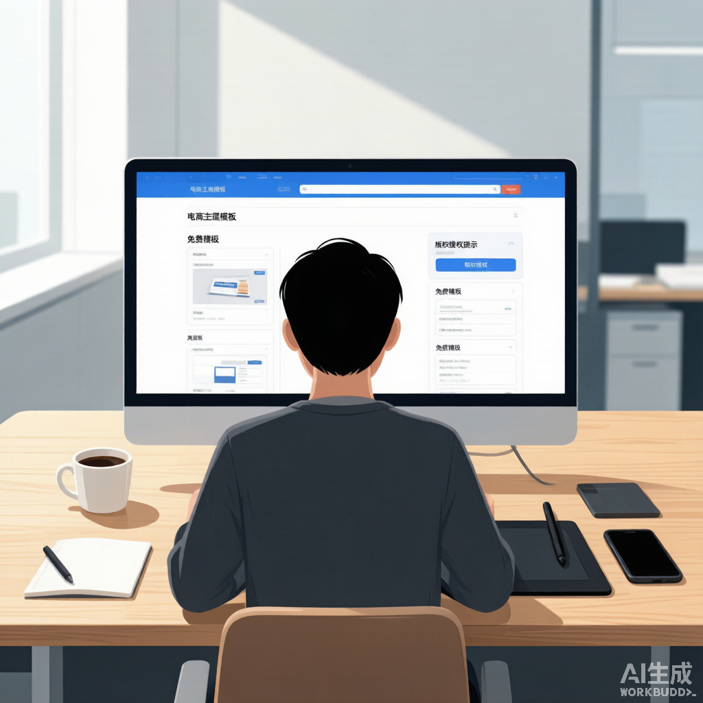 电商主图模板免费资源，卖家在电脑前寻找合规免费模板