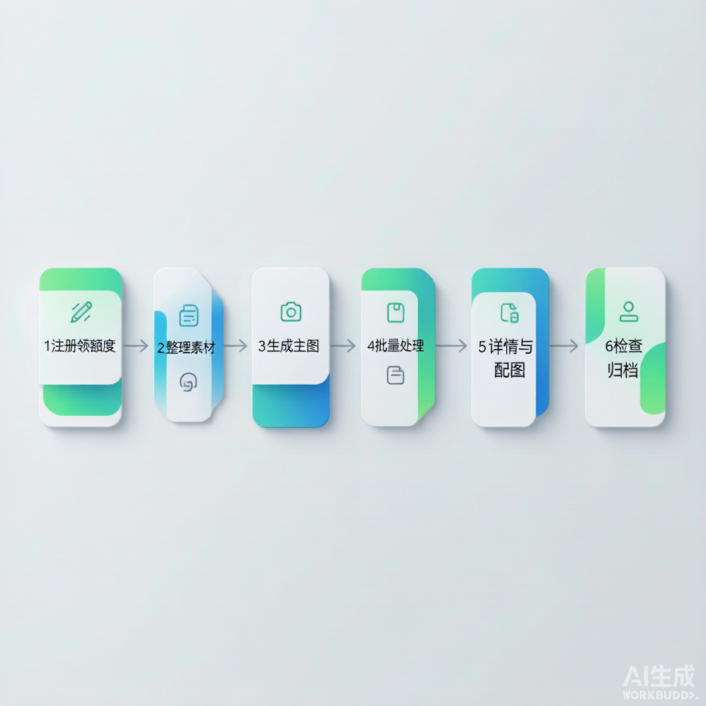 详情主图制作流程示意图：定方向-备素材-选模板-出初稿-微调定稿-审核上线