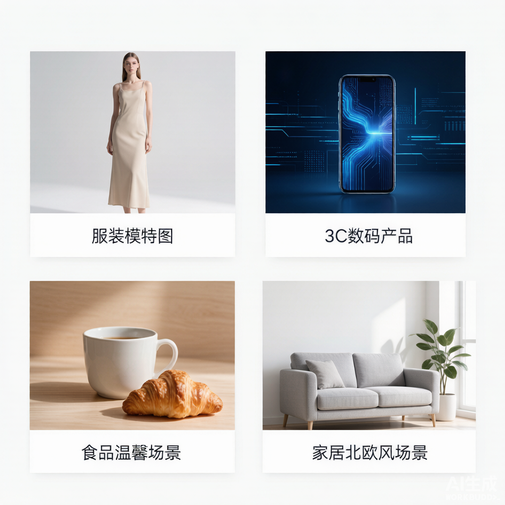 图片AI生成应用场景图：电商上新、活动促销、社媒配图、跨境素材四大场景