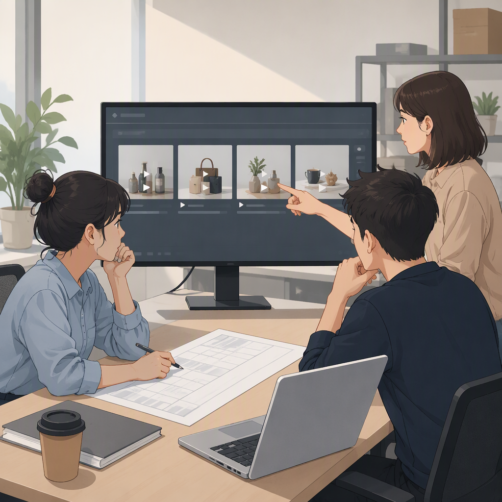 电商团队在活动尾程核对返场视频素材的工作场景,屏幕上显示几个已生成的短视频预览缩略图,桌面上摊着一份写有时间安排和规格余量的清单,旁边有一台笔记本电脑