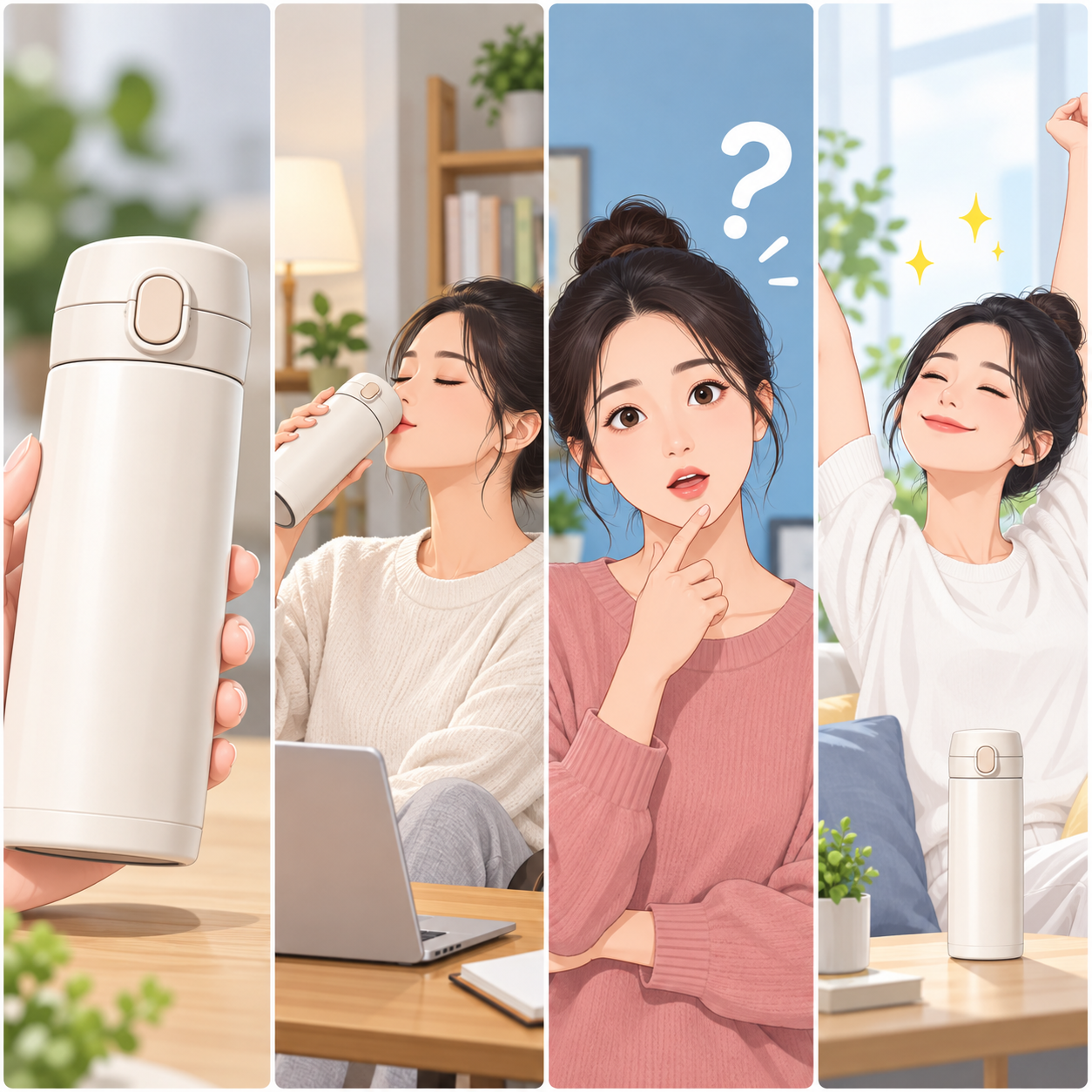 商品视频四种开头结构的画面对照,四个并排的画面框,第一个是商品近距离特写,第二个是人物在生活场景中使用物品,第三个是人正面朝向镜头提问的姿态,第四个是使用之后的效果呈现画面