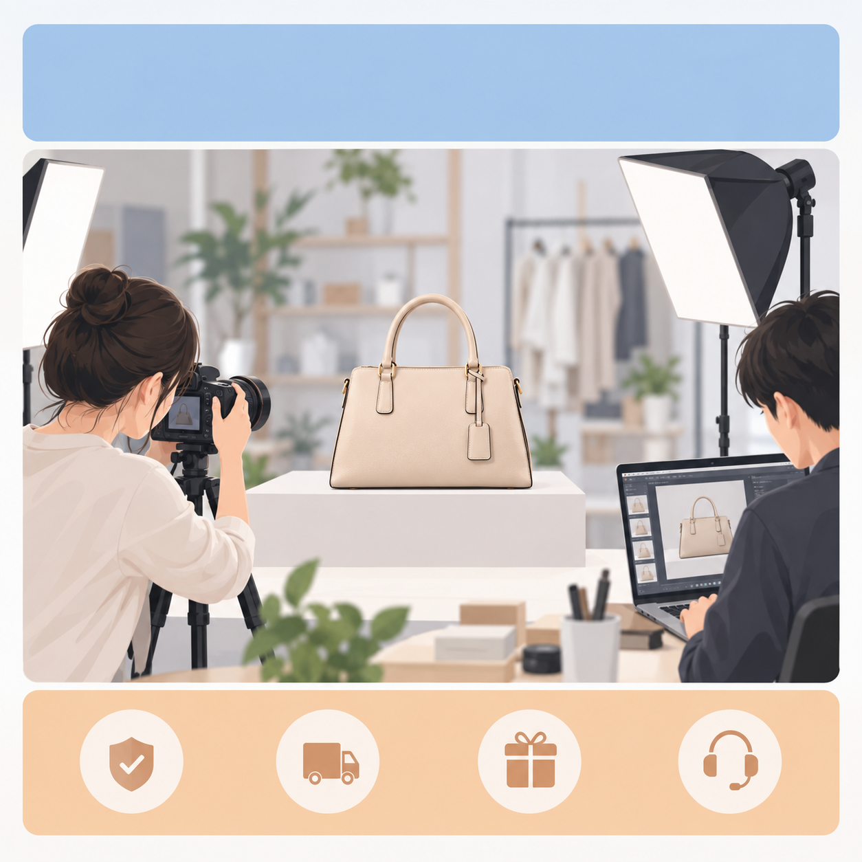 竖版商品图场景层构图示意，画面按上中下三段划分，上段为一块扁平的文字区，中段是居中的商品主体并保留完整轮廓，下段为一条横向的标签带，商品后方是一层低对比度的室内虚化环境，画面四周保留一圈浅色安全边距