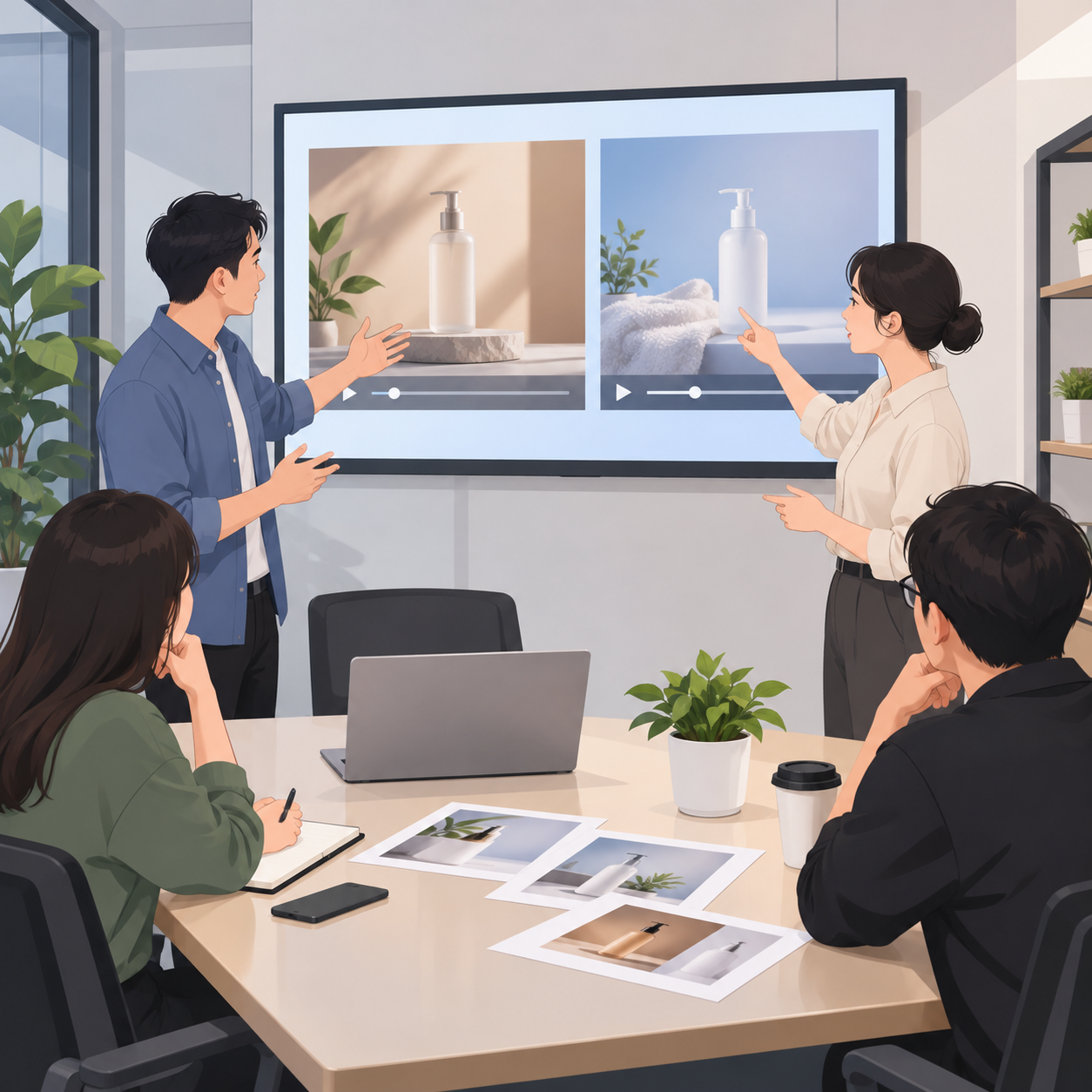 电商团队在会议室里对比两种商品视频开头的场景,大屏幕上并排显示两段视频的首帧画面,两个人站在屏幕前用手势比划讨论,桌面上放着一台笔记本电脑和几张商品图打印稿