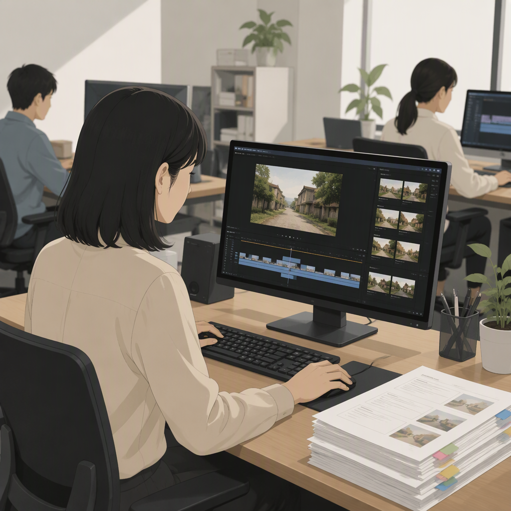 电商团队在剪辑工位前处理老视频素材的场景，一个人的电脑屏幕上显示一个视频预览窗口和下方的裁剪时间条，屏幕右侧是几个待处理的视频缩略框，桌角堆着几份标着不同分类的素材清单