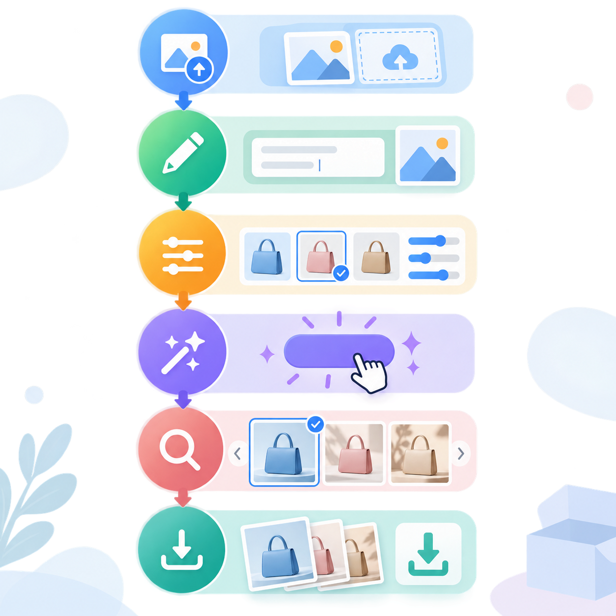 青虎AI主图套图生成六步操作流程示意图，六个带序号的圆形节点从上到下排列，节点之间用竖向箭头连接，每个节点旁配一个图形符号分别代表上传图片、填写名称、选择参数、点击生成、预览挑选与下载