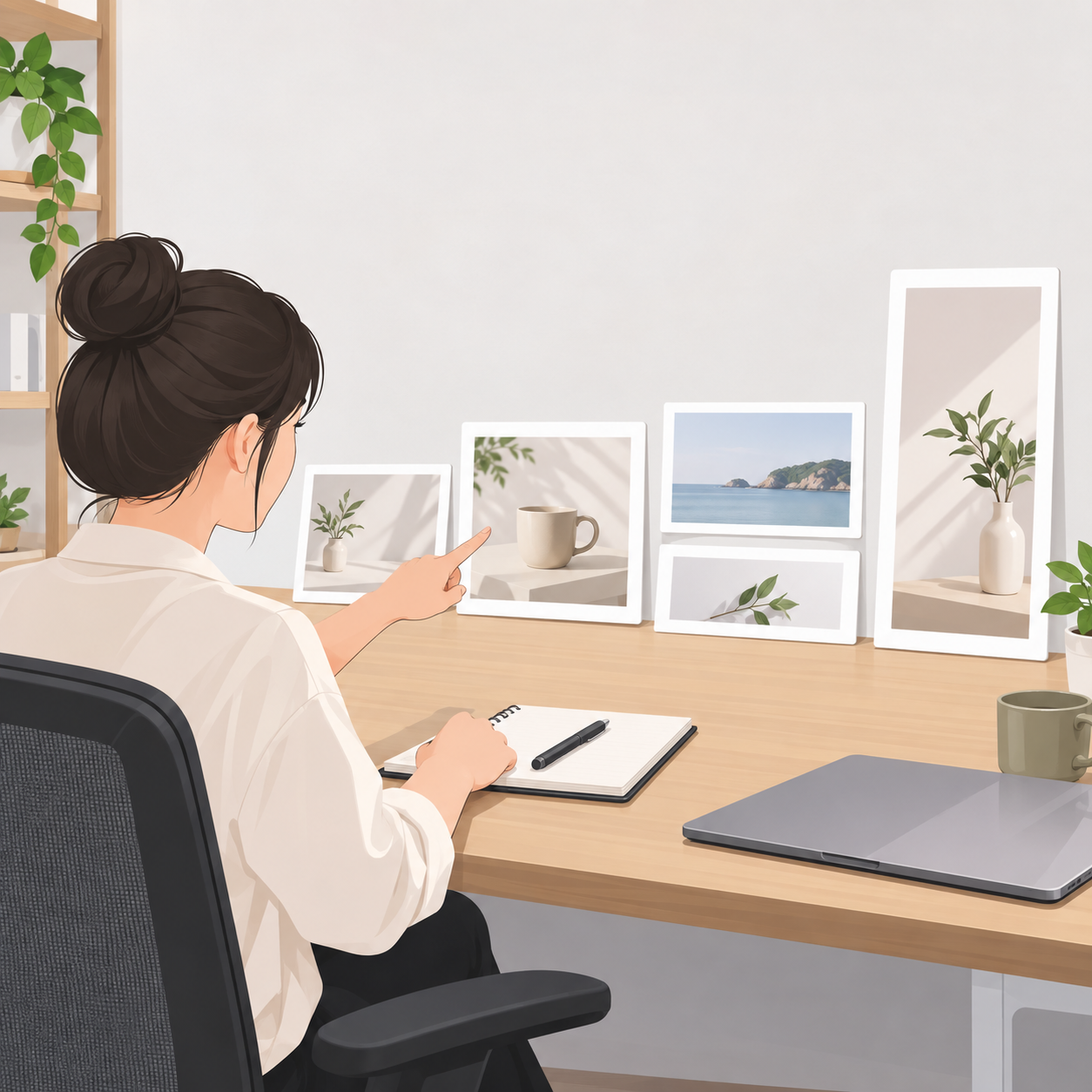 电商素材画幅统一工作场景示意图，画面中央是一块横向桌面上排列着多张不同比例的浅色图片框，右侧是一块竖版长图画框，左侧有一只手形轮廓指向其中一张方形图，背景是一面干净的浅色墙面