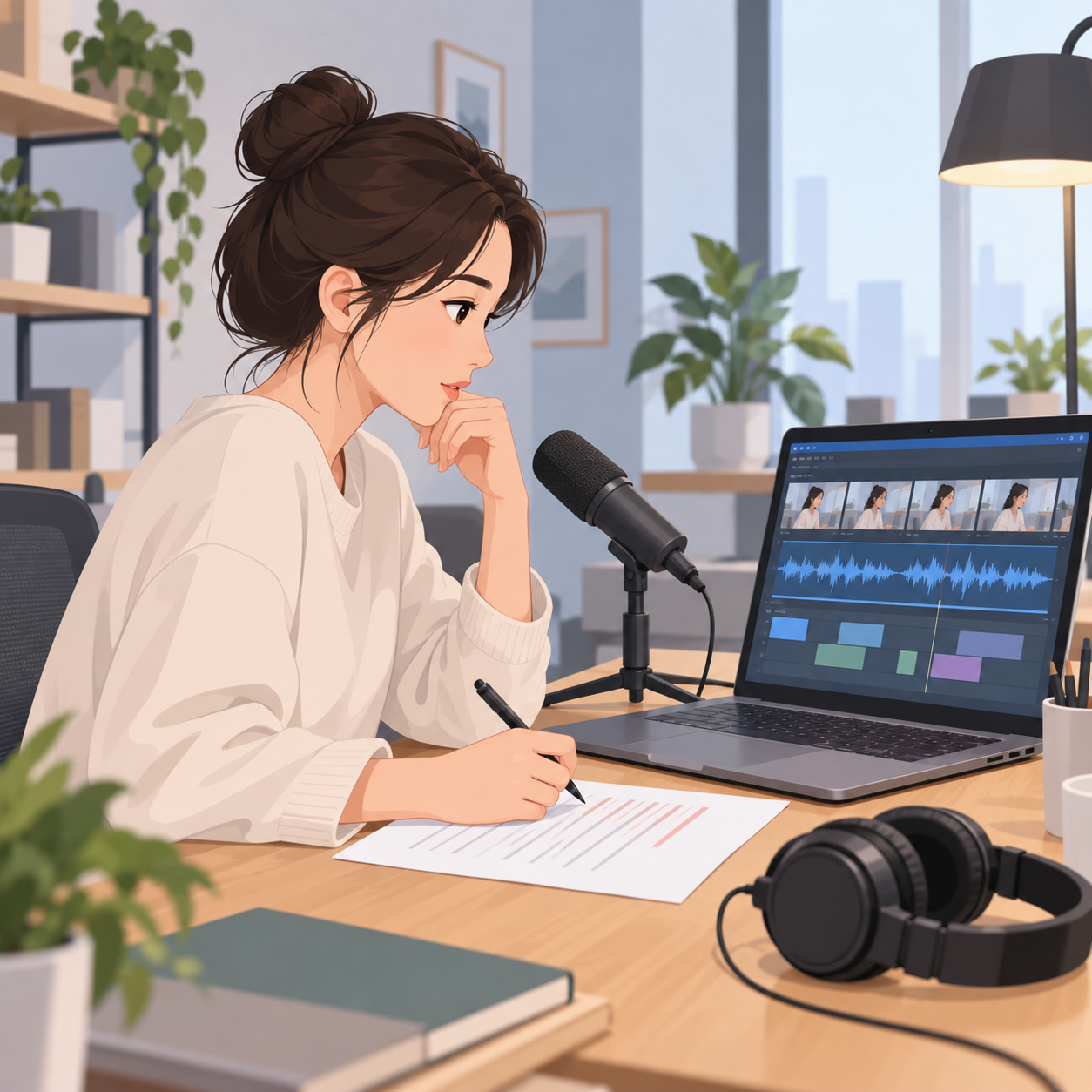电商运营在录音设备前核对口播节奏的工作场景,桌上有一支指向笔记本的话筒、一副耳机和一张画有横线标记的纸,屏幕上是分段排列的声波条与视频片段块