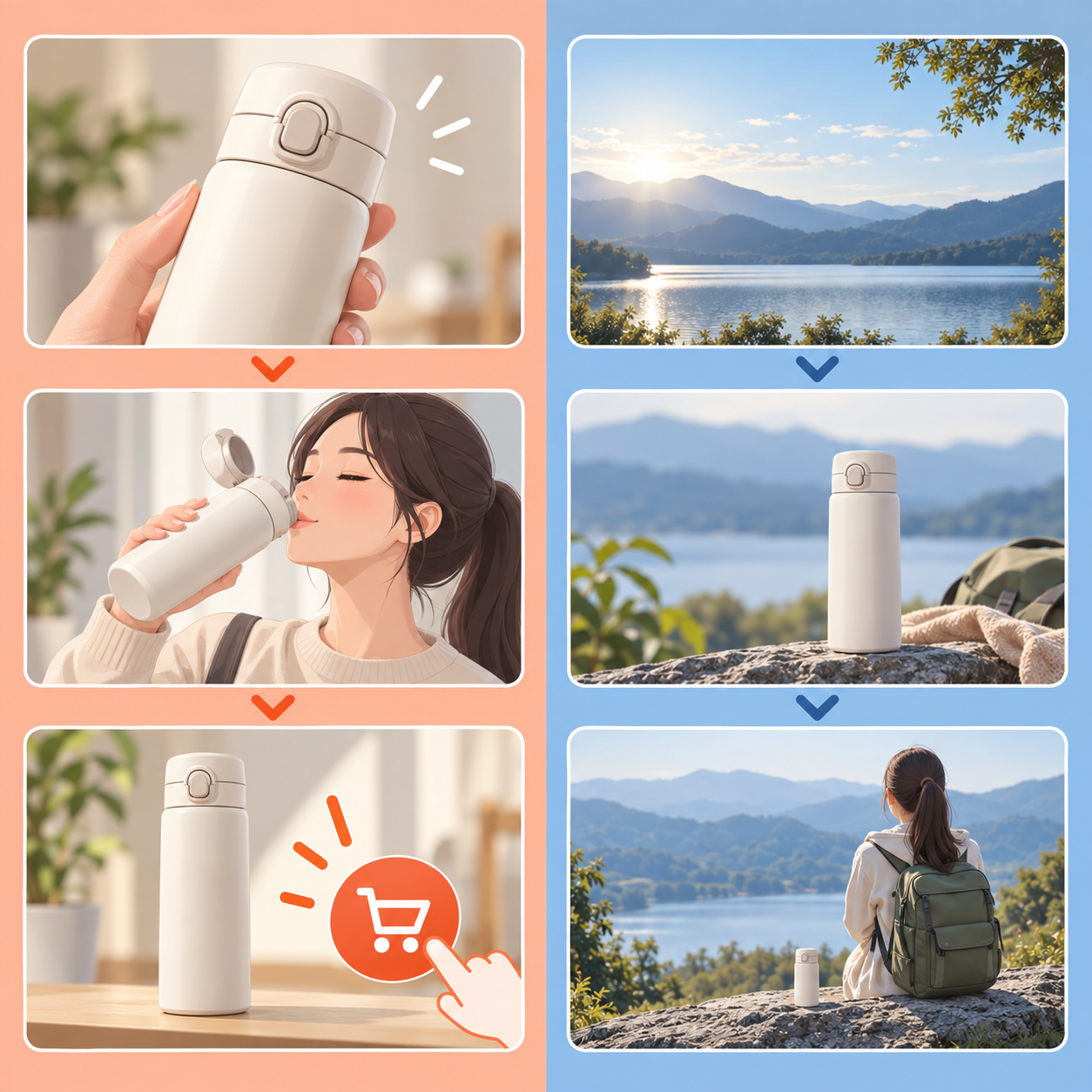 挂车视频两种信息排布方式的画面结构对照，左侧三段画面依次是产品大特写、使用过程、带有引导标识块和购物图标的结尾画面，右侧三段画面依次是氛围空镜、产品远景、没有结尾标识的普通画面，两组并列排布