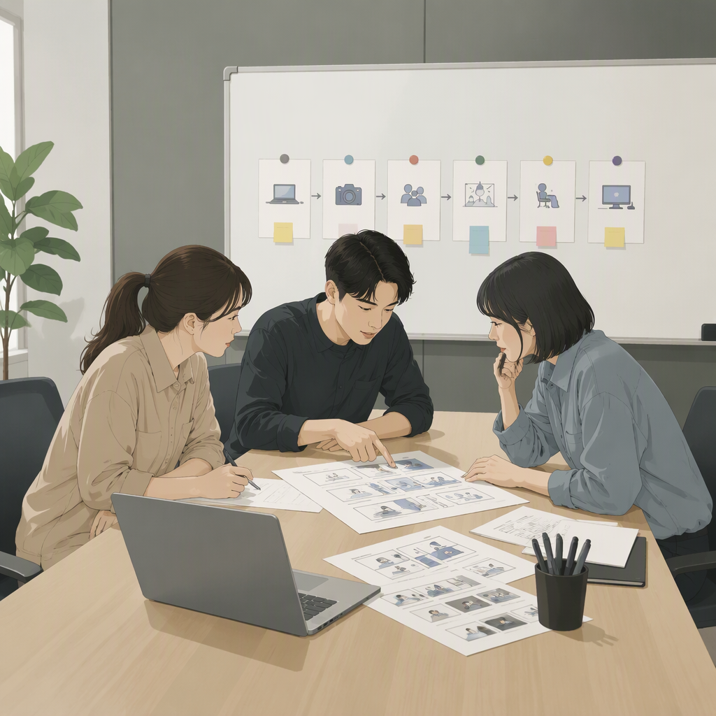 视频团队在会议室核对交付清单的工作场景,一面白板上贴着按顺序排列的流程卡片,长桌上摊开着一台笔记本电脑和几份打印出来的脚本与分镜图,三个人围在桌边逐项核对