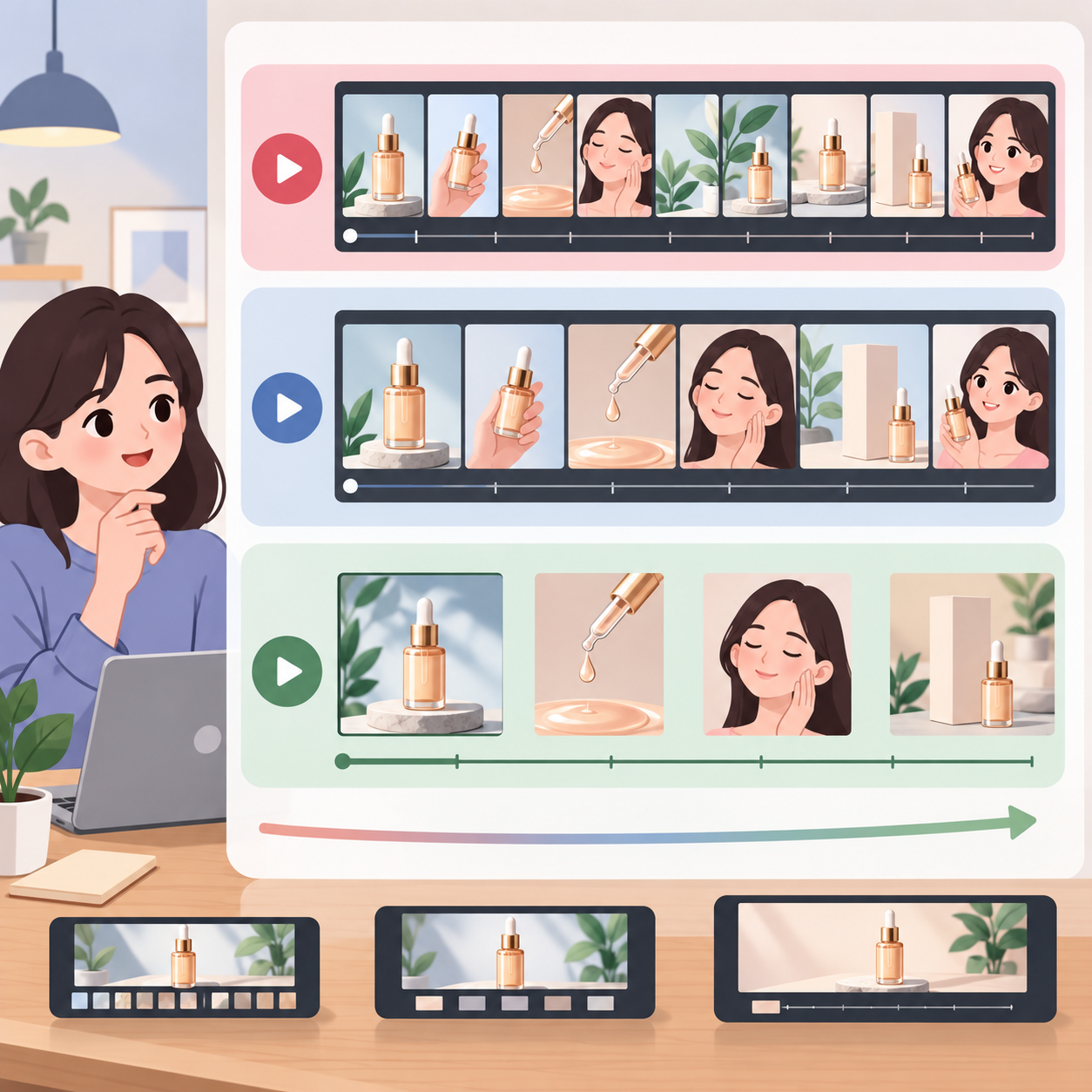 同一款商品的三种视频长度版本对照画面,三个宽度不同的横向画面条并排排列,最上面一条内容紧凑分镜密集,中间一条分镜数量适中,最下面一条分镜之间夹着较多留白