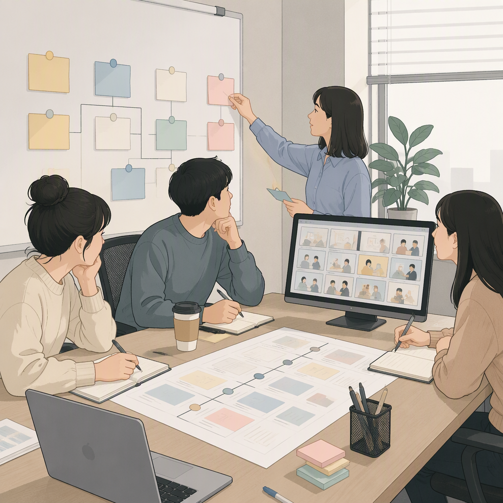 电商团队复盘预售咨询记录的工作场景，桌面上摊着一份标注了时间点的脚本打印稿，旁边是一台屏幕显示分镜缩略图网格的电脑，白板上贴着几个标注了节点的信息卡片