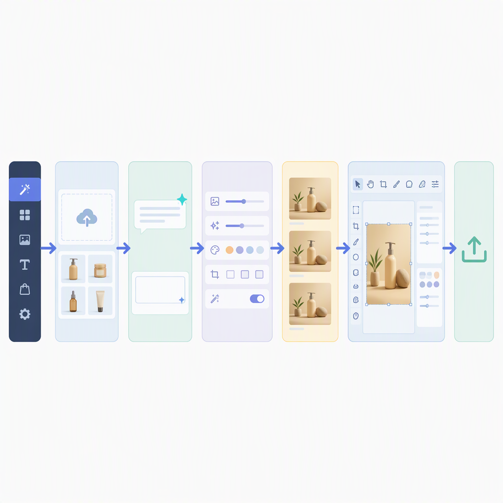 电商详情图编辑模式的操作流程示意，从工作台左侧的创作菜单开始，经过产品图上传区和提示词输入框，到参数设置面板，再到生成结果列表和内置编辑器的工具栏与画布，最后是导出按钮，各环节用箭头依次串起