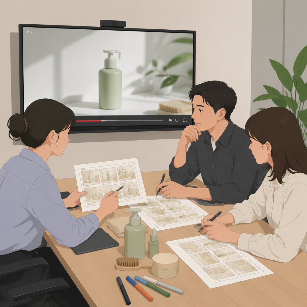 电商团队在会议室里对照脚本与成片的场景,大屏幕上播放着商品视频,三个人围坐对着打印出来的分镜脚本讨论,桌面上摆着商品实物与几支不同颜色的标记笔
