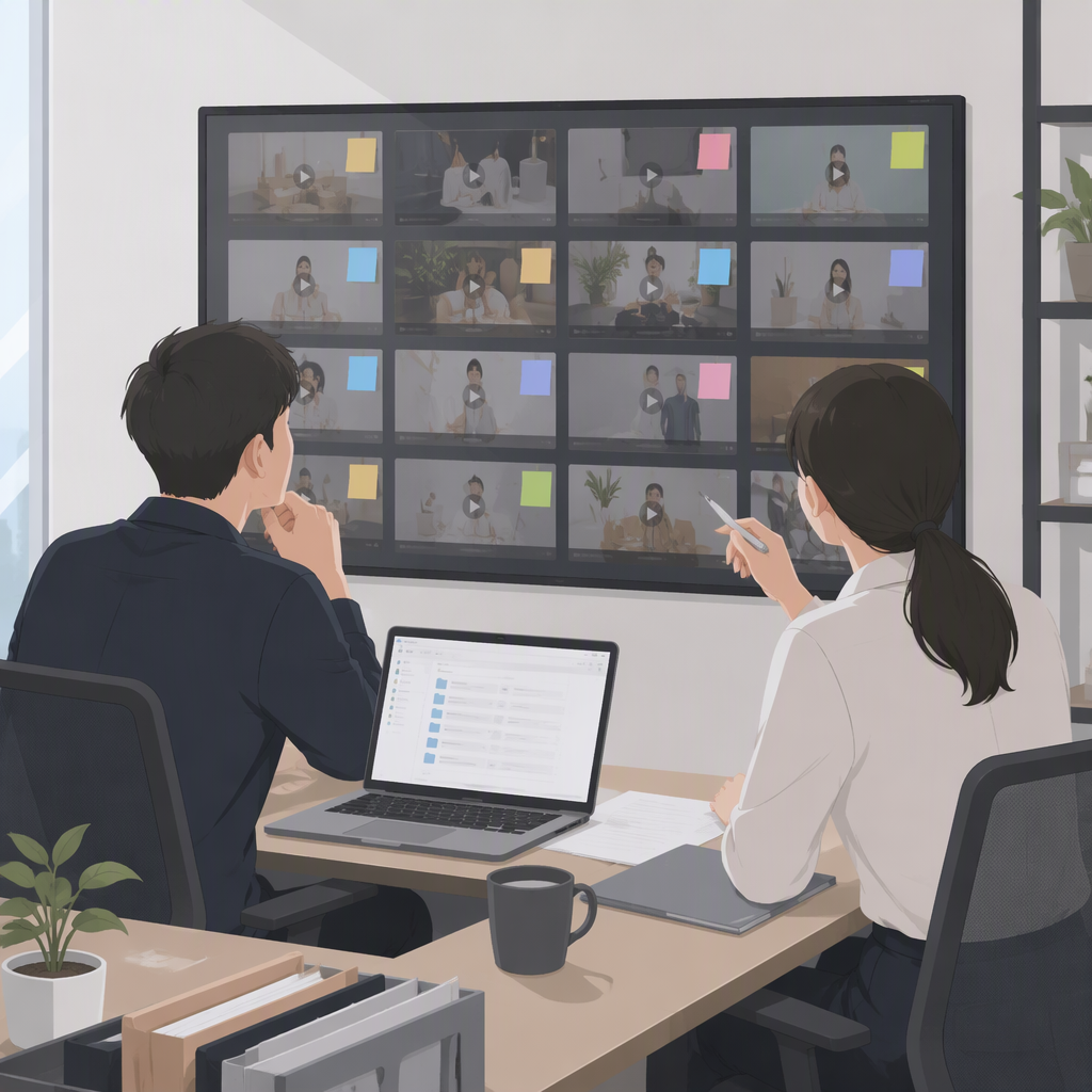 电商团队在办公室盘点视频素材的工作场景,两个人对着墙上的大屏幕,屏幕上是一个网格状排列的多个视频缩略框,其中一部分框贴着不同颜色的分类标签,桌上一台笔记本电脑显示着文件列表