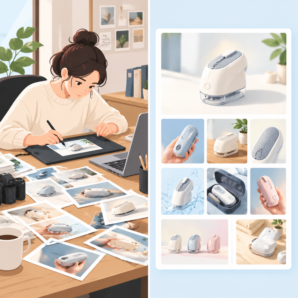 纵向流程示意图,从上到下排列五个圆角矩形色块,依次用极简线条图标表示进入界面、上传多角度产品图、套用类目模板、补入人群与卖点等差异线索、定比例语言数量并发起生成,色块之间以向下箭头连接,每块右侧用极细线条引出旁注,浅灰底,整体为扁平信息图风格