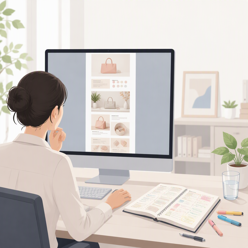 明亮的电商运营办公区实景，一名运营人员坐在电脑前检查刚下载的一批改图成品，屏幕上并排显示着改前改后的对照，桌面上摊着按品类分好的样张与一份写着提示词原句的清单，墙上白板画着四个步骤与三条纪律的笔记，窗外是城市天际线，整体光线通透