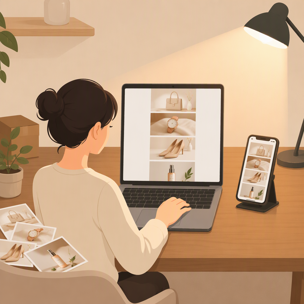 两名团队成员站在办公桌旁看着同一台显示器，屏幕上是一张分为几行的数据表格与几个缩略图，左侧的人手里拿着一本翻开的记事本，右侧的人伸手指向屏幕中的某一行，画面为侧面中景