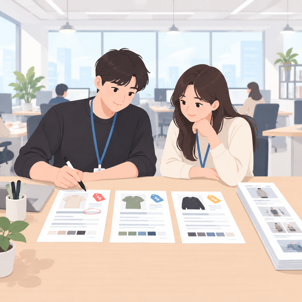 一张自己的办公桌上摊着三张纸:需求清单、旧流程的步骤涂改稿、迁移成本估算表,三张纸用回形针夹在一起,旁边放着一支笔和一件待上新的商品