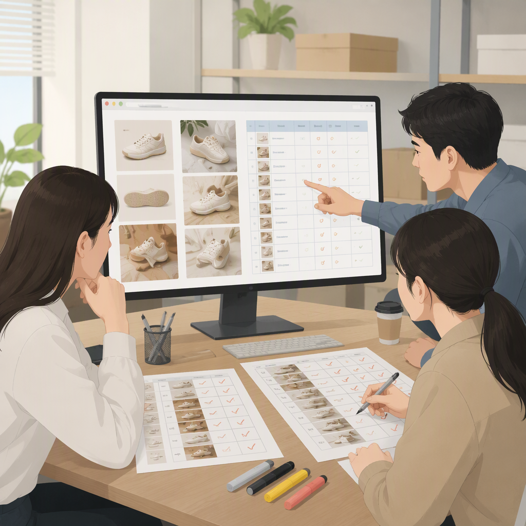 两位运营并排站在大屏前，屏幕上显示多列商品图缩略图按语言分栏排列，一人用手指向其中一列的参数区域，另一人手持平板在对照记录，室内光线明亮，中景平视构图，人物位于画面左右两侧