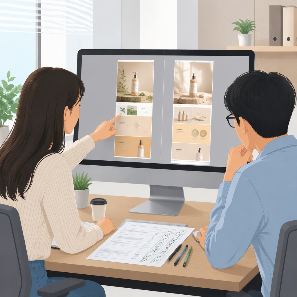横向两栏对照的浅色扁平示意图,左栏标题为干等,画面里一个人物剪影坐在屏幕前、屏幕上是一条进度条、周围飘着空白的对话气泡表示时间流逝,右栏标题为顺势工作,同样的人物剪影在进度条旁边同时写着文案草稿、勾选投放计划清单与整理货品,两栏之间用极细竖线分隔,色调统一,整体为极简信息图风格