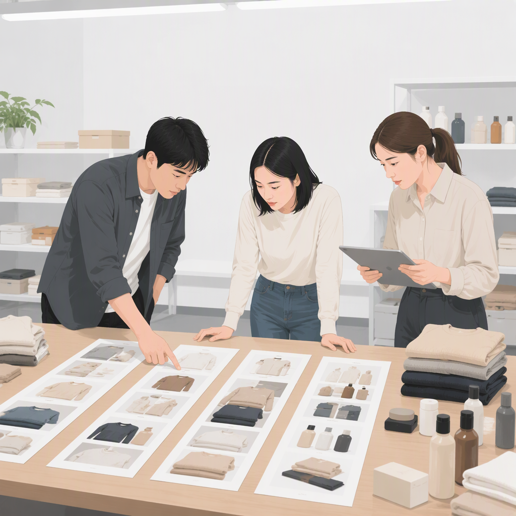 左右两栏对照信息图,左侧一栏展示四张风格散乱的商品图,背景各不相同,有的纯白有的木纹有的室内场景,主体大小与位置差异明显,右侧一栏展示四张风格统一的商品图,均为纯白背景主体居中,两栏之间用一条竖直虚线分隔,整体扁平简洁风格