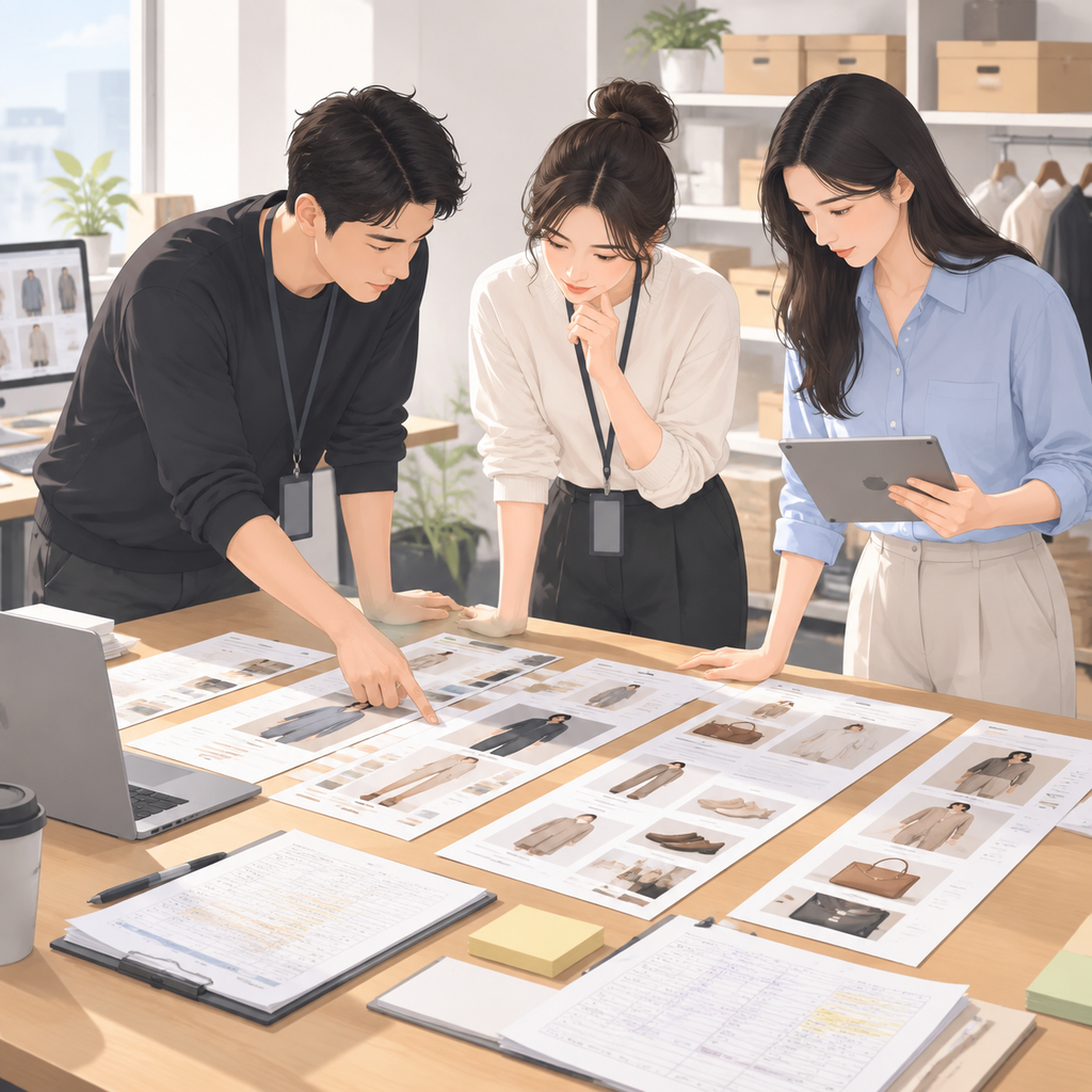 电商团队的两人工位上,一位运营指着显示器里竖版长图中部的一处虚线选框,另一位对着笔记本上的改点清单用笔逐条打勾,桌面上散放着几份产品实拍样张,画面为侧面中景。
