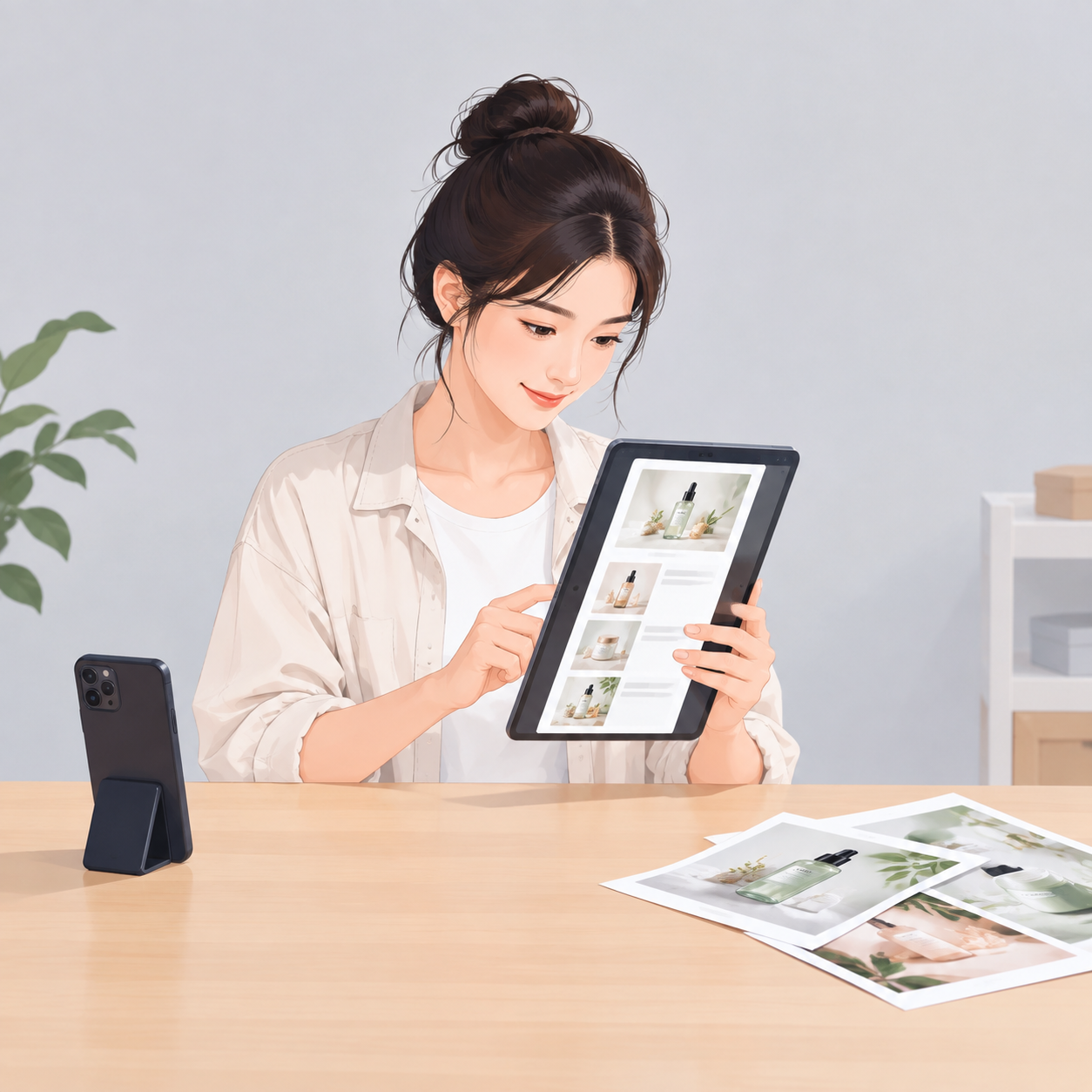 四宫格拼贴构图,左上格是手机信息流竖屏画面与一张方形图的尺寸对照,右上格是运营在电脑前为两批不同规格的任务分别建立文件夹,左下格是运营对照便签挑选比例档位的屏幕特写,右下格是运营把下载好的图逐张查看方向的俯视画面,四格色调统一,呈现代电商办公视觉风格